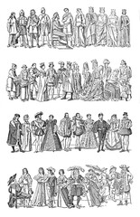 Fashion history Collection from 1271, 1400, 1500, 1600 a big evolution in fashion / Vintage and Antique illustration from Petit Larousse 1914	
