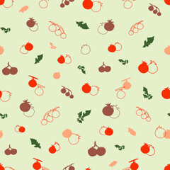 Seamless pattern with tomatoes and leaves. Hand drawn vegetables. Fresh ripe vegetarian food. Harvest.