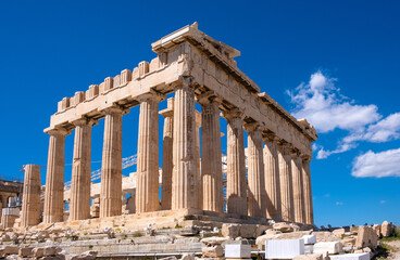 Panoramic view of Parthenon - temple of goddess Athena - within ancient Athenian Acropolis complex...