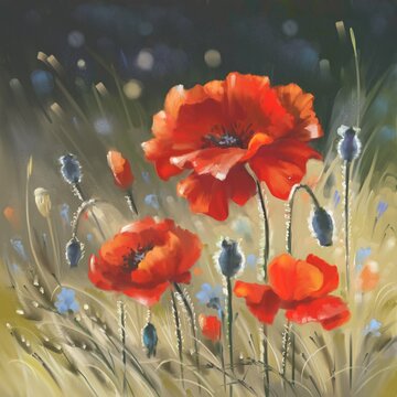 Red poppies in the field. Digital painting (imitation of oil painting).
