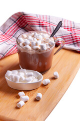 Composition with delicious hot cocoa drink and marshmallows on wooden background.