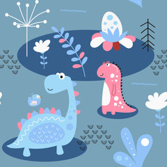 Seamless pattern with hand drawn cute dinosaurs and bird on blue background. Vector Illustration. Kids illustration for nursery design. Dino theme for baby clothes, wrapping paper, packaging design.