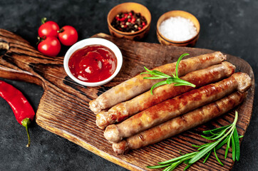 
Thin grilled meat sausages on a stone background
