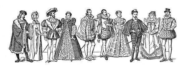 Fashion history Collection from 1510 to 1590 / a big evolution in fashion/ Vintage and Antique illustration from Petit Larousse 1914	 - obrazy, fototapety, plakaty