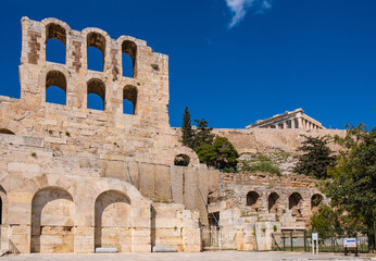 Stone facade and arcades of Odeon of Herodes Atticus Roman theater, Herodeion or Herodion, at slope of Athenian Acropolis hill in Athens, Greece