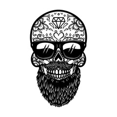 Illustration of bearded mexican sugar skull in sunglasses. Design element for poster, card, banner, logo, label, sign, badje, t shirt.