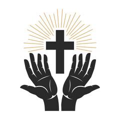 Hands with shining holy cross. Design element for logo, label, emblem, sign, badge