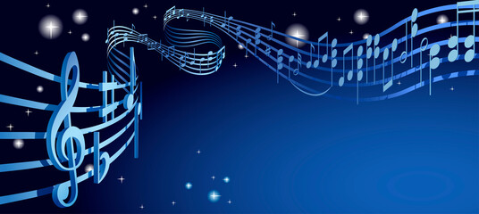 Musical notes on winding lines in dark  starry space