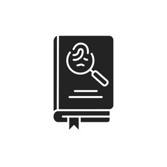 Detective book black glyph icon. A sub-genre of crime and mystery fiction. An investigator investigates a crime, often murder. Pictogram for web page, mobile app, promo. UI UX GUI design element.