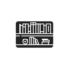 Bookshelf black glyph icon. Furniture with horizontal shelves, often in a cabinet, used to store books or other printed materials. Pictogram for web page, mobile app, promo. UI UX GUI design element