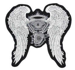 The embroidered patch. Attributes for bikers, rockers and metalheads. Engine with angel wings.
