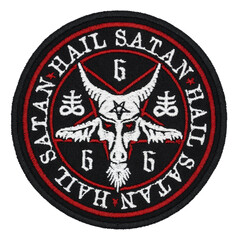 The embroidered patch. Attributes for bikers, rockers and metalheads. Baphomet, inverted pentagram, alchemical symbol Sulfur Alchemical cross, Leviathan.