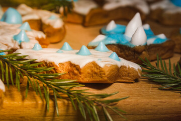 Homemade delicious gingerbread with blue and white glaze.