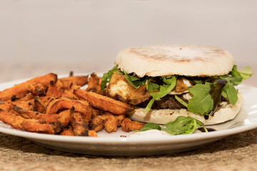 Homemade burger with sweet potatoes