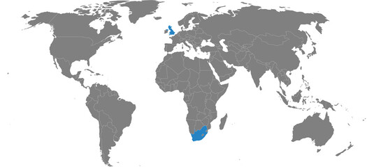 United kingdom, South africa countries isolated on world map. Gray background. Business concepts, sports, travel and transport relations.