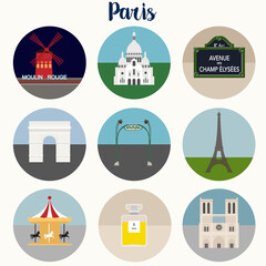Paris flat design vector icons set