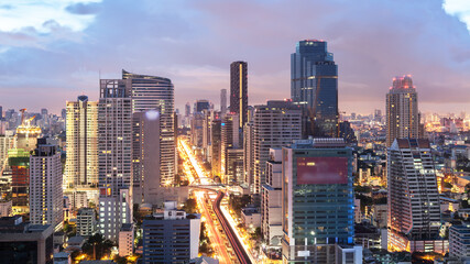 Bangkok Cityscape, Business district with high building at dusk.