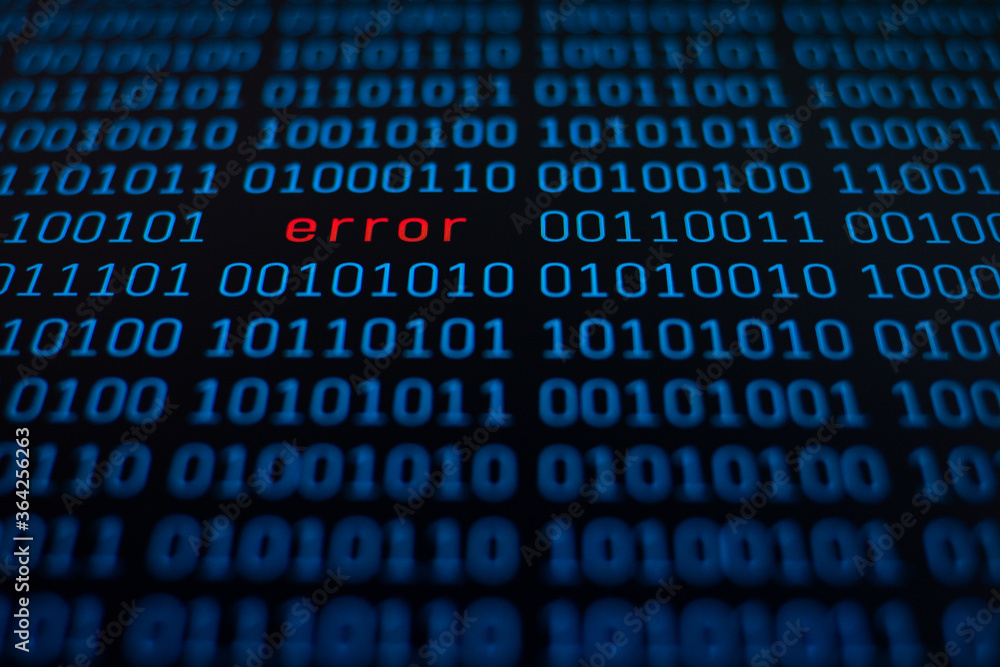 Aufkleber binary code number background in blue on black screen and word error in red color in the middle