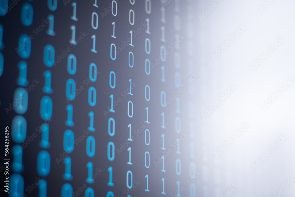 Poster computer data matrix. vertical digital binary code downward in blue on black screen, lighted in whit