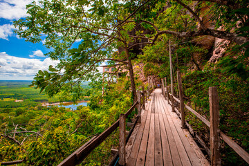 Obraz premium Background of wooden walkways (wooden bridges) created for high-angle views on mountains, natural attractions, or parks that have forest preservation