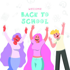 Back To School Three Teen Raise Their Hand Up Character Design