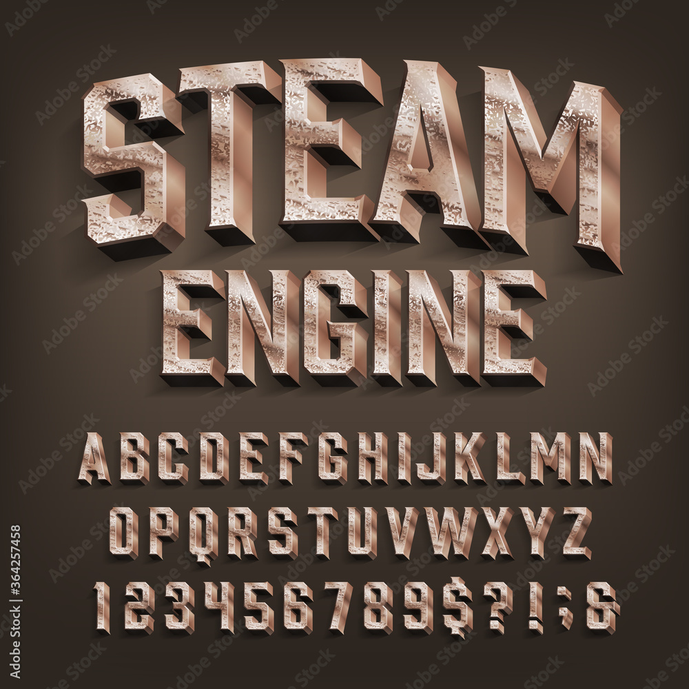 Fototapete steam engine alphabet font. 3d retro brass letters and numbers. stock vector typescript for your des