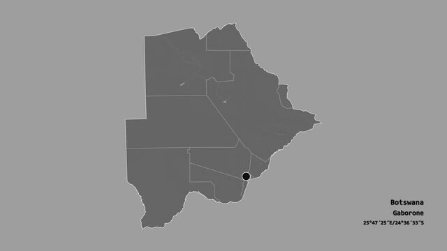 Gaborone, city of Botswana, with its capital, localized, outlined and zoomed with informative overlays on a bilevel map in the Stereographic projection. Animation 3D