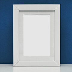 White frame for photos and drawings on a colored background. Interior Design. Mock up.