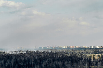 Top view of the forest, lawn, city in the background.