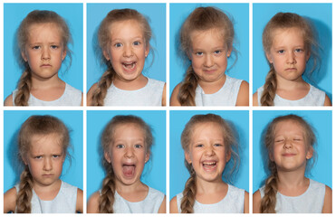 The collage of girl with different emotions