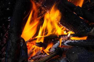 Tourist bonfire close up in night time. Nobody