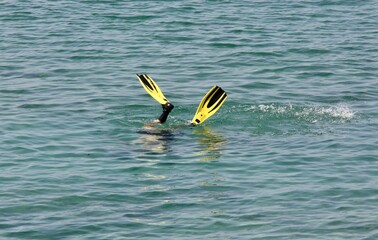 A pair of yellow flippers sticking out of the sea