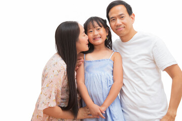 Happy asian  family woman and a man with little child smiling and fun in the white background.save with Clipping path.
