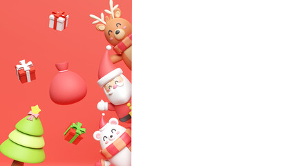 Christmas holiday background scene with Santa and friends, Christmas card 3d rendering.