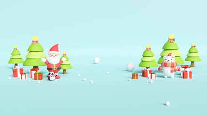 Christmas holiday background scene with Santa and friends, Christmas card 3d rendering.