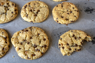 fresh baked classic chocolate chip cookies with nuts on the oven-tray