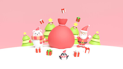 Christmas holiday background scene with Santa and friends, Christmas card 3d rendering.