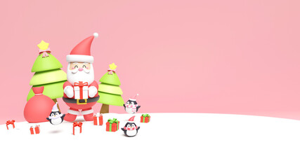 Christmas holiday background scene with Santa and friends, Christmas card 3d rendering.