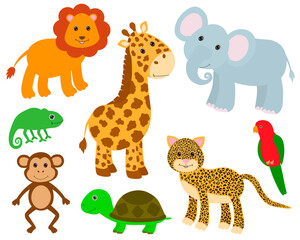 Set Cute animals lion elephant giraffe parrot chameleon turtle leopard monkey vector illustration
