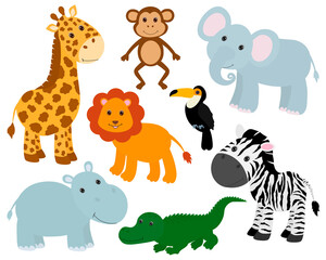 Set cute animals lion elephant giraffe hippo crocodile zebra monkey parrot vector illustration