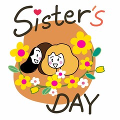 National Sisters Day ,family holiday ,Happy sisters, woman festival. Girl concept.pastel color sister happily smiling in nature on freeform background hand drawn cartoon vector