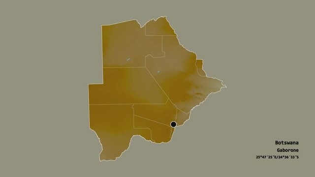 Kgalagadi, district of Botswana, with its capital, localized, outlined and zoomed with informative overlays on a relief map in the Stereographic projection. Animation 3D