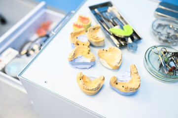 Different professional dental equipment, instruments and tools in a dentists stomatology office clinic on a white background. Silicone cast of the jaw.