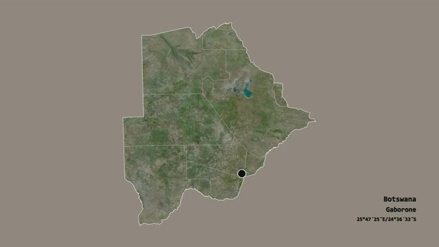 Kgalagadi, district of Botswana, with its capital, localized, outlined and zoomed with informative overlays on a satellite map in the Stereographic projection. Animation 3D