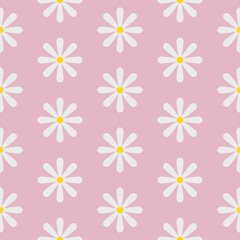 white chamomile flowers with yellow pollen on pink background, illustration of seamless pattern for texture, textile, banner, label, wallpaper etc. vector design