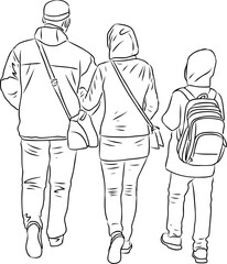 Vector contour drawing of family townspeople  walking outdoors