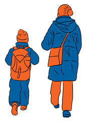 Vector drawing of mother with her little kid walking outdoors together