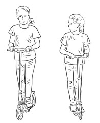 Vector drawing of little girls riding the scooters