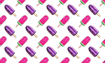 Watercolor sweets, seamless pattern. Bright ice cream. Delicious and tasty dessert. Hand drawn illustration for cafe or restaurant menu and decoration