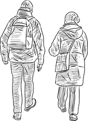 Vector sketches of couple citizens walking outdoors